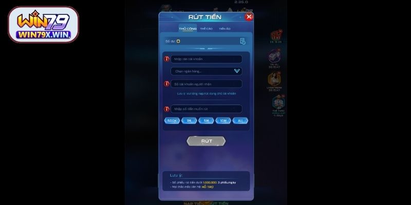 Quy trình rút tiền Win79 qua ngân hàng (thủ công)